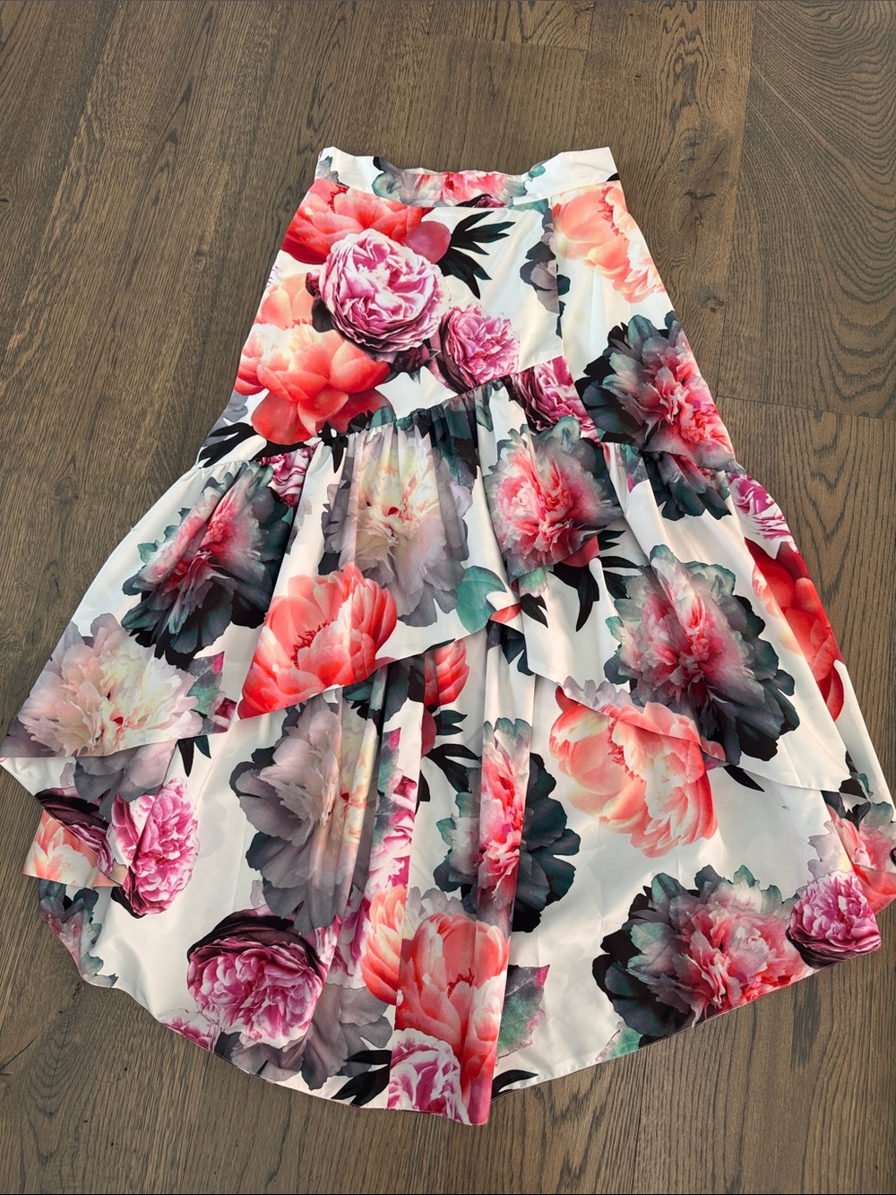 Eliza J White High-Low Floral Tiered Skirt with Pink & Coral Blooms